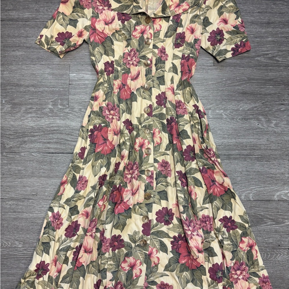 Vintage Katie MFG Cream and Pink Floral Midi Dress